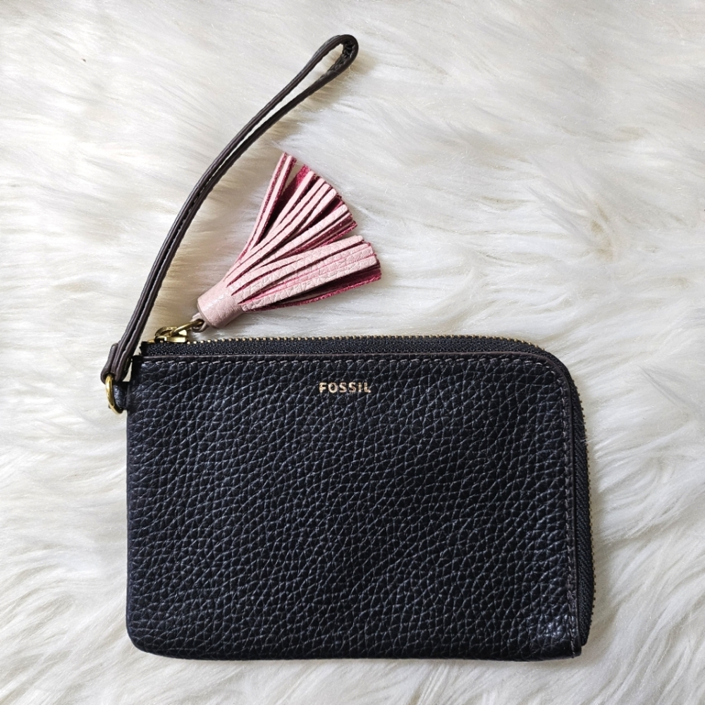 Fossil Black Leather Wristlet Wallet with Tassel
